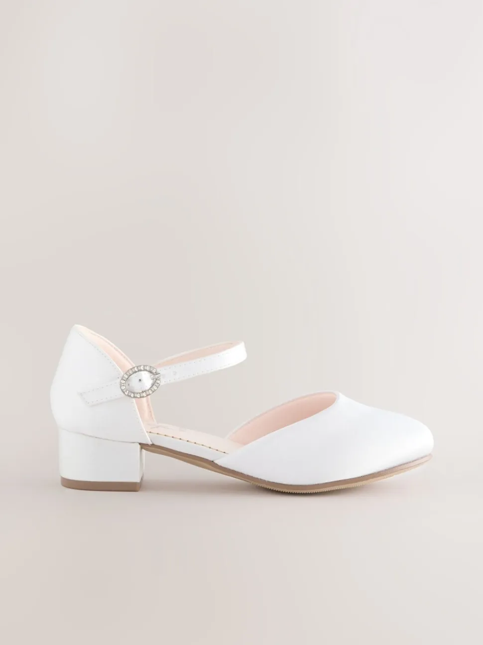 White Stain Resistant Satin Wide Fit (G) Occasion Ankle Strap Low Heel Shoes