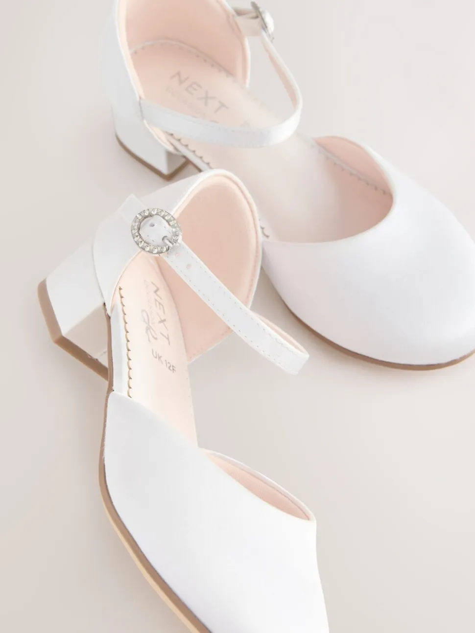 White Stain Resistant Satin Wide Fit (G) Occasion Ankle Strap Low Heel Shoes