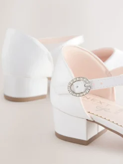 White Stain Resistant Satin Wide Fit (G) Occasion Ankle Strap Low Heel Shoes