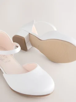 White Stain Resistant Satin Wide Fit (G) Occasion Ankle Strap Low Heel Shoes