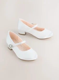 White Standard Fit (F) Stain Resistant Satin Mary Jane Flower Girl Heeled Shoes