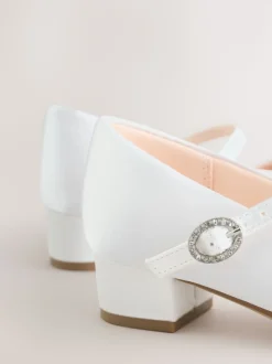 White Standard Fit (F) Stain Resistant Satin Mary Jane Flower Girl Heeled Shoes