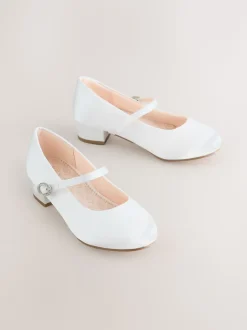 White Wide Fit (G) Stain Resistant Satin Mary Jane Flower Girl Heeled Shoes