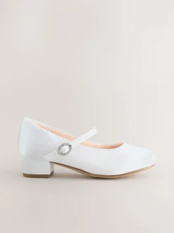 White Wide Fit (G) Stain Resistant Satin Mary Jane Flower Girl Heeled Shoes