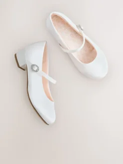 White Wide Fit (G) Stain Resistant Satin Mary Jane Flower Girl Heeled Shoes