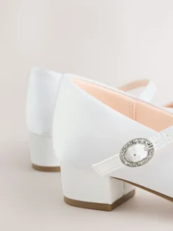 White Wide Fit (G) Stain Resistant Satin Mary Jane Flower Girl Heeled Shoes