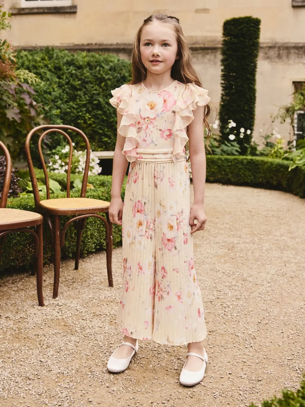 Yellow Floral Short Sleeve Pleated Ruffle Jumpsuit (3-16yrs)