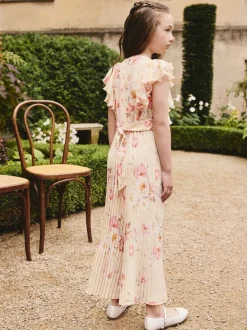 Yellow Floral Short Sleeve Pleated Ruffle Jumpsuit (3-16yrs)