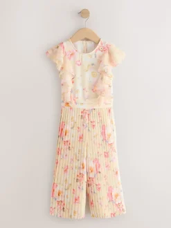 Yellow Floral Short Sleeve Pleated Ruffle Jumpsuit (3-16yrs)