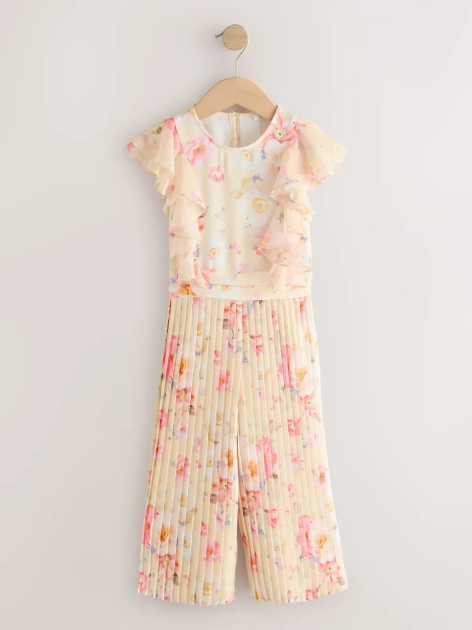 Yellow Floral Short Sleeve Pleated Ruffle Jumpsuit (3-16yrs)