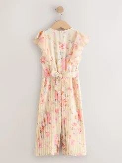 Yellow Floral Short Sleeve Pleated Ruffle Jumpsuit (3-16yrs)
