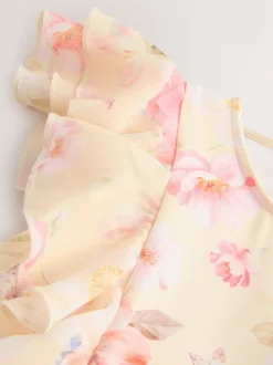 Yellow Floral Short Sleeve Pleated Ruffle Jumpsuit (3-16yrs)