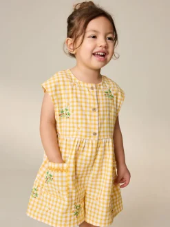 Yellow Gingham Embroidered Sleeveless Playsuit (3mths-7yrs)
